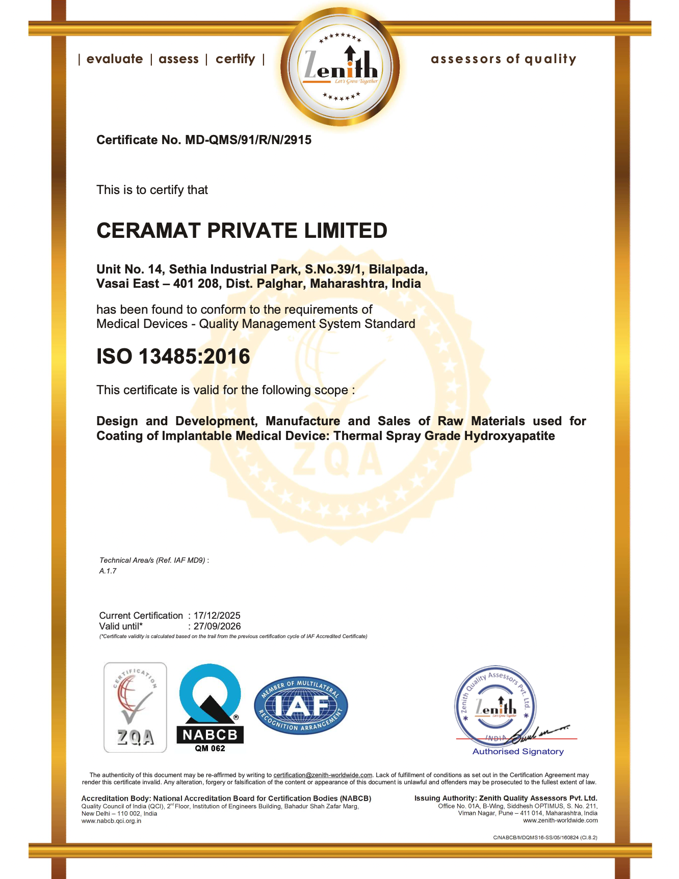 ISO 13485 certificate