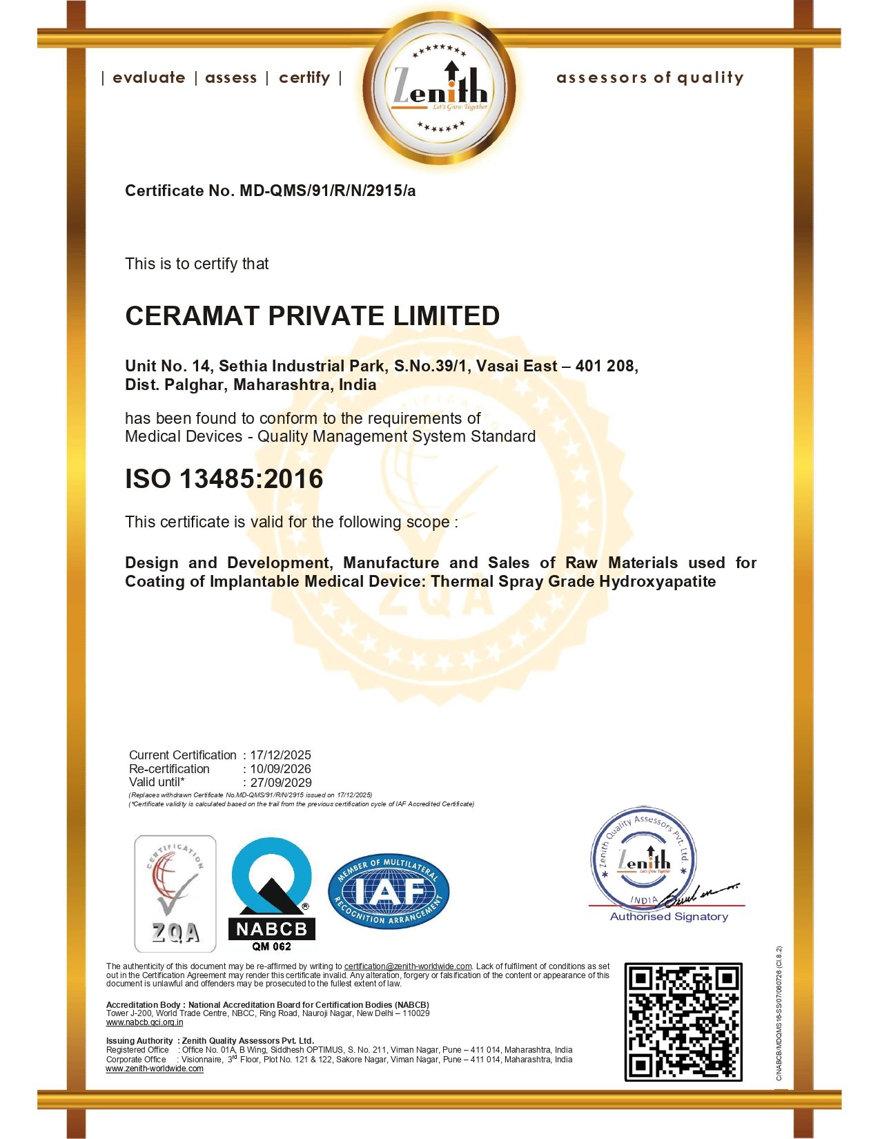 ISO 13485 Certificate